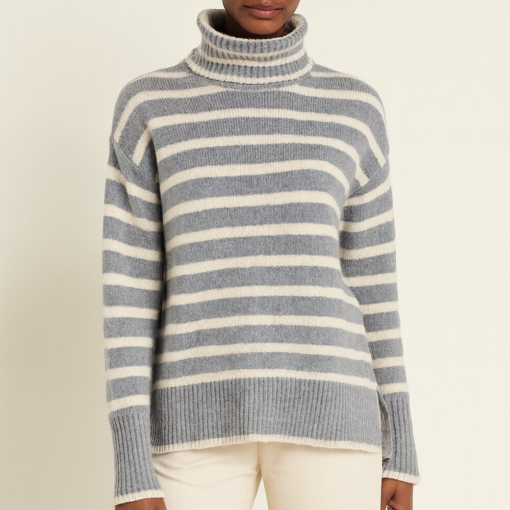 Lucky Brand Small Striped Turtleneck Sweater Grey Cream Cozy Cashmere Blend Knit